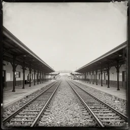 daguerreotype, 1800 photography, Nineteenth-century railway station completely empty, realistic, high definition,