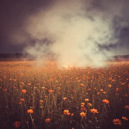 tall flower field in fire and smoke at night, vintage