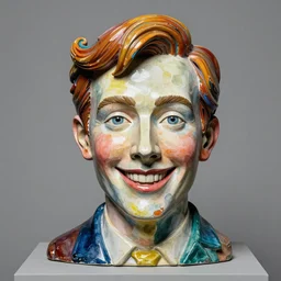 beautiful studio photograph of colorful postmodern portrait sculpture of bert from mary poppins smiling, beautiful symmetrical face accurate face detailed face realistic proportions, made of watercolor - painted plaster on a pedestal by ron mueck and matthew barney and greg rutkowski, hysterical realism intense cinematic lighting shocking detail 8 k