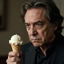 a very angry man looking at his tiny ice cream cone. by emmanuel lubezki.