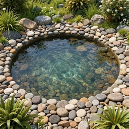 Pond deep in the middle and covered by  smooth colorful pebbled and filled with clear water , beautiful well detailed renders of landscape  n 5