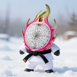 a dragon fruit wearing karate belt in the snow.
