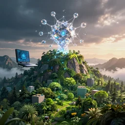 a cinematic composition depicting : a computer run degrading cyberpunk world, on top of the mountain a mysterious translucid crystal neural network being is using its transformative energy to transition to a hopeful to lush green foresty solarpunk civilization in the valley at dawn
