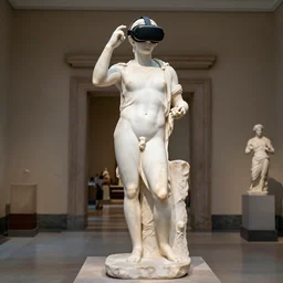 a greek white marble statue wearing a vr headset displayed in a museum
