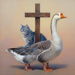 painting of cross between cat & goose, intercrossed animal, by tiffany bozic, by corine perier, amazing details, cold hue's, warm tone gradient background, concept art, beautiful composition, digital painting
