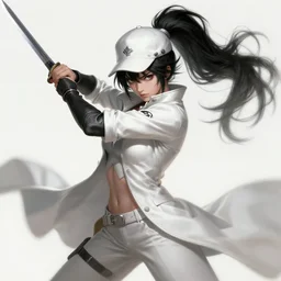 a highly detailed illustration of fierce messy ponytail black haired one armed delinquent japanese woman wearing white cap wearing long white jacket cape, dramatic wielding sword pose, muscular, intricate, elegant, highly detailed, centered, digital painting, artstation, concept art, smooth, sharp focus, league of legends concept art, wlop.