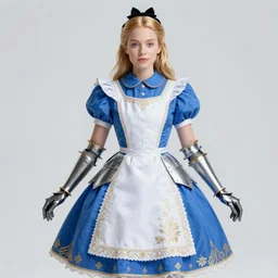 movie poster of \'alice in wonderland\', wearing blue and white armor, fantasy, intricate, elegant, highly detailed, digital painting, artstation, concept art, smooth, sharp focus, illustration, art by Fernanda Suarez and Artem Demura and alphonse mucha
