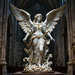 high intricate porcelain baroque angelic warrior standing inside an dark gothic cathedral, hyper realistic hyperdetailed, 8 k, maria panfilova, andrea savchenko, mike kime, ludovic plouffe, qi sheng luo, oliver cook, trending on artstation