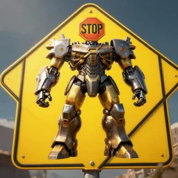 giant yellow roadsign - plated fighter, wearing a stop sign on its head, character design trending on artstation, mecha, unreal engine, octane render, dramatic lighting, epic battle