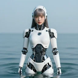 beautiful centered fine art photo portrait of hoyeon jung as a solarpunk robotic humanoid, half body above water, white mechanical parts with led lights, ultra - realistic and detailed, white background, natural lighting, soft focus, slow exposure hdr 8 k