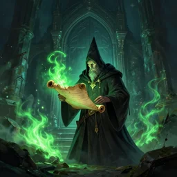 a concept art of a wizard in his castle discovering a magic scroll that gives eternal life, atmospheric magic dark scene with green fires in the lights, a big door in the background