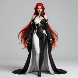 Full body Portrait of a female elementalist, black-white skintight robes!, leggins, golden accessories, garments, fiery red hair, long straight hair, sculptured face, blue eyes, red lipstick, floating, orange fire/blue ice duality!, dual magics, extremely detailed, by frank franzzeta, WLOP, Genzoman and gary gygax, trending on artstation, artstationHD, artstationHQ, deviantart, 16K, HD, matte painting, vibrant colors
