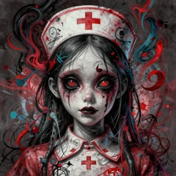 crayon cartoon grunge portrait of a creepy horror nurse girl . intricate abstract. intricate artwork. nightmare fuel. terrifying. by zdzisław Beksiński, wlop, dan mumford , trending on artstation, greg rutkowski very coherent symmetrical artwork. cinematic, hyper realism, high detail, octane render, 8k