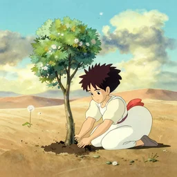 a wholesome animation key shot of mononoke planting trees alone in the desert by herself, studio ghibli, pixar and disney animation, sharp, disney concept art watercolor illustration by mandy jurgens and alphonse mucha and alena aenami, pastel color palette, dandelion seeds float, bloom, dramatic lighting