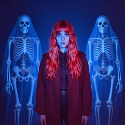 Phoebe Bridgers, skeletons, ghosts album art. Blue and red duotone photography