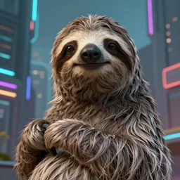 a beautiful portrait render of a sloth in a cyberpunk city, trending on ArtStation