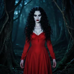 in the style of brandon woelfel, full body, pretty alyson hannigan, evil dead demon, evil dead movie, red dress, symmetrical eyes, symmetrical face, long curly black hair, trees, forest, branches, cinematic lighting, evil dead creature, scary