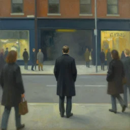 a man standing in the street completely alone but surrounded by people, in the style of edward hopper, very lonely feelings, painterly, loneliness, extremely detailed, very detailed!!