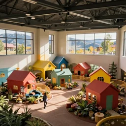 interior view overlooking a wild crazy discovery zone, located in aspen colorado, bright colored buildings