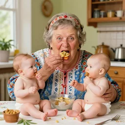 hyper realistic hight detailed grandmother with a big mouth eating babies on the table in the russian kitchen, style by harry clarke, bright colors, 4 k, 1 6 k, 3 2 k