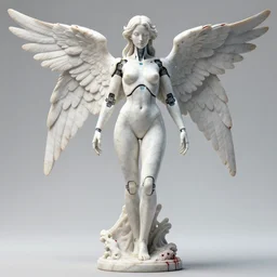 a statue made of white marble covered in blood, of an gorgeous futuristic cybernetic angel girl, prostheses, transhumanism, full body shot, perfect symmetrical body, perfect symmetrical face, hyper realistic, hyper detailed, by peter kemp, by monia merlo, by michelangelo, octane render, blender, 8 k