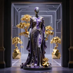 beautiful mannequin sculpted out of amethyst by billelis + draped in ornate flowing ornamented robes + gold geometric cubed bonsai plants!!!!, doorway opening with vaporwave geometric light, clean linework, dramatic, insanely detailed, rule of thirds, moody, confident, award winning, 4 k, trending on artstation, photorealistic, volumetric lighting, octane render