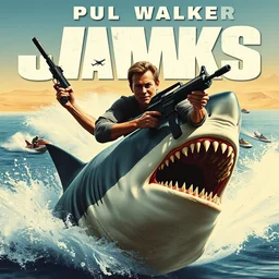 movie poster with titles, paul walker holds a machine gun, rides a shark, great white sharks teeth, water splash, jet skis, racing, the desert, sweaty