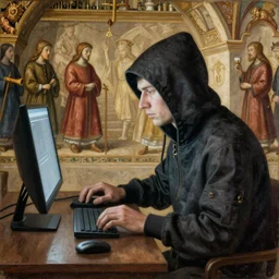Medieval painting of a computer hacker. High resolution. Highly detailed. Art station. 8k