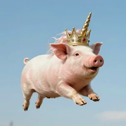 flying pig wearing a crown with a unicorn horn 1970s style