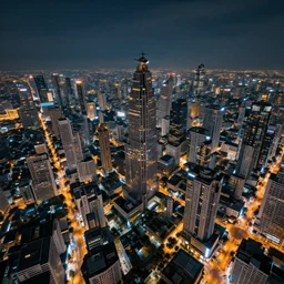sci - fi bangkok cityscape. wide angle night photo. helicopter view. exaggerated detail. volumetric lighting. painting by masamune shirow.