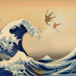 spirits over the horzion, by katsushika hokusai, by wangechi mutu, visual novel, canvas, wide angle, warm color palette, 3 d, ambient occlusion, iridescent, clouds