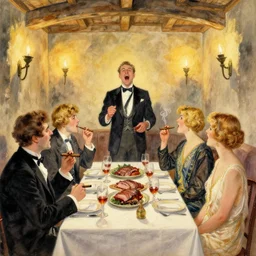 gentlemens dinner, singing, roaring twenties, cellar, masterpiece, torches on wall, meat, wine, schnapps, smoking cigars, scantily clad blondes, watercolor by anders zorn and carl larsson, art nouveau