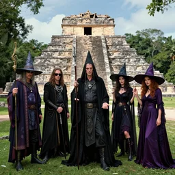 photo of dadcore occult wizards and momcore witches on vacation at palenque, by richard corben by william eggleston by annie leibovitz, fujifilm velvia 5 0. masterpiece. intricate, hyper realism, high detail, octane render, unreal engine, 8 k, by katsuhiro otomo
