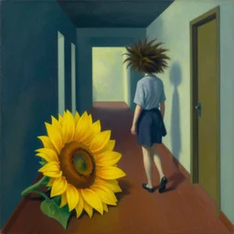 a painting of a girl with crazy hair walking in a hallway and suddenly finds a giant sunflower on the floor blocking her way, a highly detailed edward hopper painting, by adrian ghenie and gerhard richter. art by remedios varo. masterpiece, flat surreal design with deep colours. 8 k. artstation