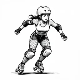 logo design, roller derby girl sprinting Cross-Over, wearing skate helmet, knee pads, elbow pads,full length portrait, fishnet tights, torn, ripped, fists in the air, illustration by greg rutkowski, pen and ink