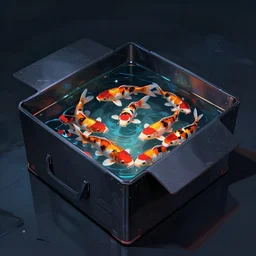an open black shipping box, the box is full of water and koi. art in the style of vincent di fate's cyberpunk 2 0 2 0.