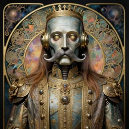 frank zappa robot, dmt, large metal mustache, muted colors, benevolent, nebula background, glowing eyes, detailed realistic surreal retro robot in full regal attire. face portrait. art nouveau, visionary, baroque, giant fractal details. vertical symmetry by zdzisław beksinski, alphonse mucha. highly detailed, realistic