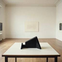 an object on a table in a vast room, by marcel duchamp, archival pigment print, 1 9 2 0, academic art, conceptual art, black readymade