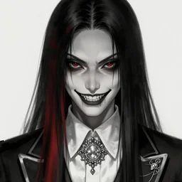 full face shot of a butler with straight black hair, a red highlight, long bangs, with black eyes, sharp teeth, fancy bridegroom, ultra detailed, brush strokes, digital painting, cinematic, wlop artstation, pixiv, eerie, scary, intimidating glare, evil, demonic, yoshitaka amano, junji ito,