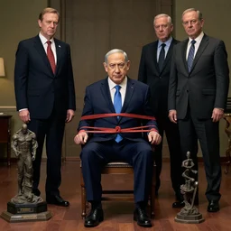 benjamin netanyahu tied to a chair, mysterious, by beksinski and wayne barlowe and ed binkley