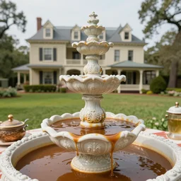 incredibly beautiful ornate gravy fountain brimming with rich beefy gravy, in the grounds of a fried mansion in Louisiana