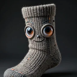 portrait photo of a wool sock with giant eyes, face made from thick cyberpunk wires, extremely high details, realistic, by MC Escher and victor enrich