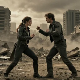 Dolores fighting William in Westworld, apocalyptic destroyed city background, cinematic, film still