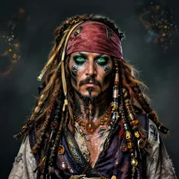 Genesis P-Orridge , dead passionate cyborg dressed as Jack Sparrow, full body photo, insane avant-garde professional hair style, dramatic hair color, tattoed black snake skin, emerald eyes, amber jewels, ornate clothing, digital painting, epic cinematic, sci-fi, psychedelic, realistic, hyperdetailed, chiaroscuro, concept art, art by Jon Foster and Michael Whelan and Amano and Karol Bak