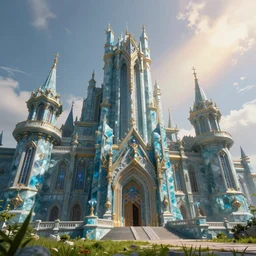 an imposing and highly ornamented fantasy castle, carved from sapphire stone, cinematic view, epic sky, detailed, concept art, low angle, high detail, warm lighting, volumetric, godrays, vivid, beautiful, trending on artstation, by jordan grimmer, huge scene, grass, art greg rutkowski