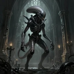 dark souls elden ring style xenomorph standing in the shadows of an ancient ghostly church, digital painting, gothic, alien, amazing value control, frank frazetta, dramatic lighting, muted colors, sharp focus, 8 k, dark colors