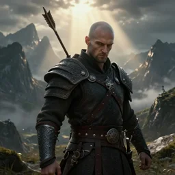 ork warrior struck by an arrow in the shoulder desolated mountains in the distance, god rays, tolkien world, bald, hyper detailed, digital art, trending in artstation, cinematic lighting, studio quality, smooth render, unreal engine 5 rendered, octane rendered, art style by klimt and nixeu and ian sprigger and wlop and krenz cushart.