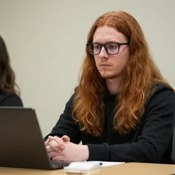 full photo of a guy with chestnut hair long hair glasses as a hostage negotiation stock image