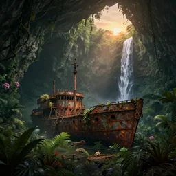 a rusty shipwreck at the bottom of a prehistoric jungle cave, lush flora, waterfall, mountains, flowers, vines, sunset, hazy, volumetric lighting, rtx on, washed - out dark colors, an award - winning digital render, beautiful, stunning, ultradetailed, great composition