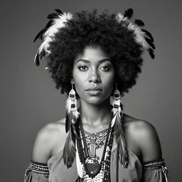 extremely detailed eyes, photo of beautiful young black woman with afro, with feathers in hair, wearing native american clothing, black and white, jose vagara, photographed by thomas easterly, full body in frame,,
